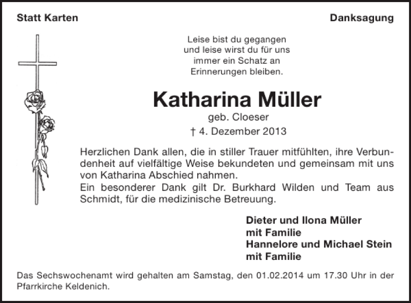  Traueranzeige für Katharina Müller vom 22.01.2014 aus WochenSpiegel
