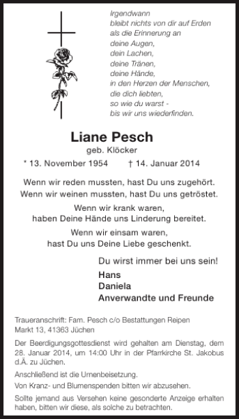 Traueranzeige von Liane Pesch von WochenSpiegel