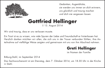 Traueranzeige von Gottfried Hellinger von WochenSpiegel