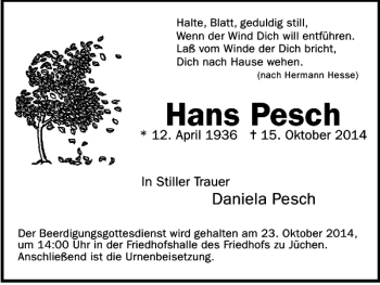 Traueranzeige von Hans Pesch von WochenSpiegel