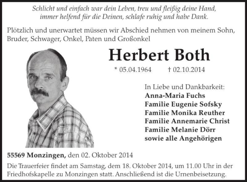  Traueranzeige für Herbert Both vom 15.10.2014 aus WochenSpiegel