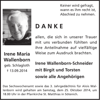 Traueranzeige von Irene Maria Wallenborn von WochenSpiegel