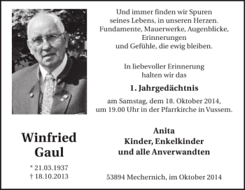 Traueranzeige von Winfried Gaul von WochenSpiegel