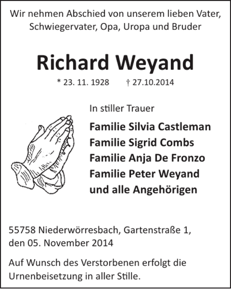  Traueranzeige für Richard Weyand vom 05.11.2014 aus WochenSpiegel