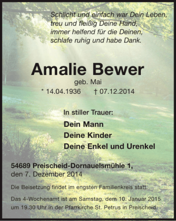 Traueranzeige von Amalie Bewer von WochenSpiegel