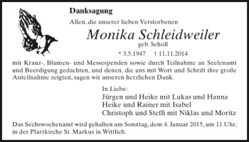 Traueranzeige von Monika Schleidweiler von WochenSpiegel