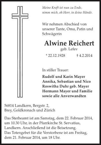 Traueranzeige von Alwine Reichert von WochenSpiegel