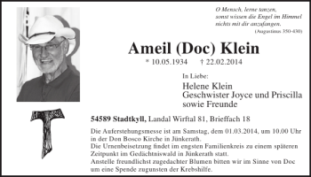 Traueranzeige von Ameil Doc Klein von WochenSpiegel