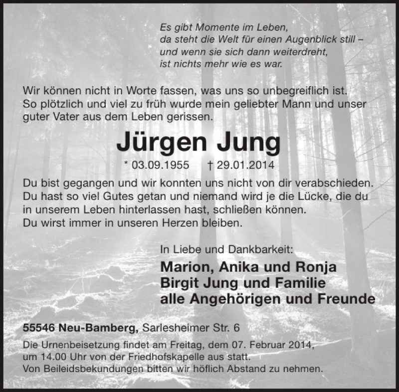  Traueranzeige für Jürgen Jung vom 05.02.2014 aus WochenSpiegel