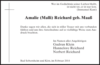 Traueranzeige von Amalie Malli Reichard geb. Maaß von WochenSpiegel