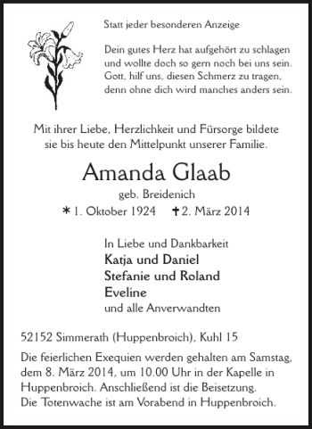 Traueranzeige von Amanda Glaab von WochenSpiegel