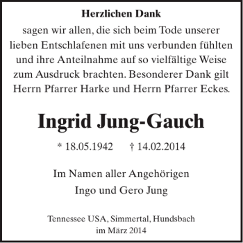 Traueranzeige von Ingrid Jung-Gauch von WochenSpiegel