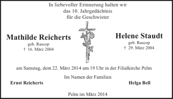 Traueranzeige von Mathilde Reicherts Helene Staudt von WochenSpiegel