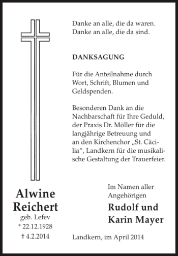 Traueranzeige von Alwine Reichert von WochenSpiegel