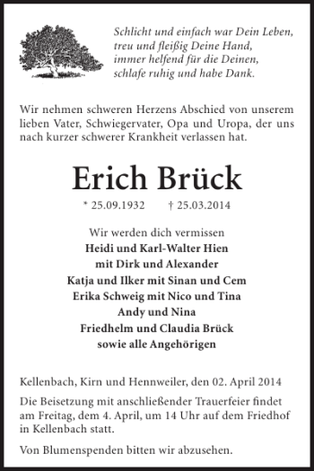 Traueranzeige von Erich Brück von WochenSpiegel