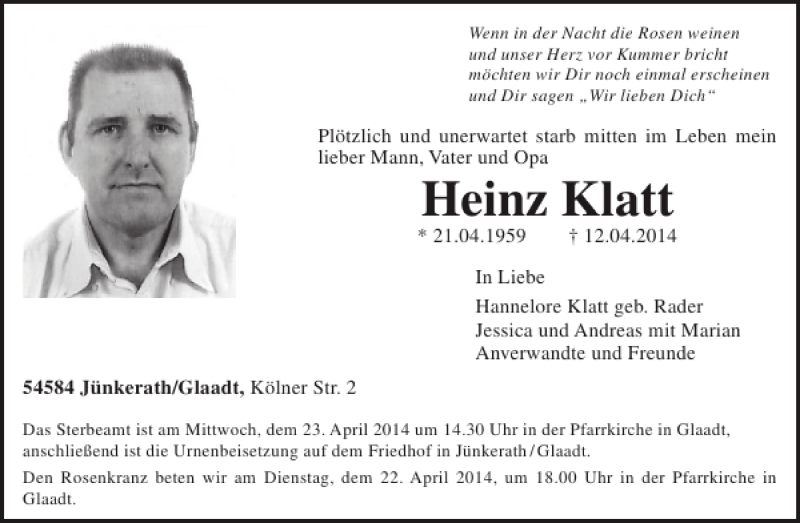  Traueranzeige für Heinz Klatt vom 16.04.2014 aus WochenSpiegel