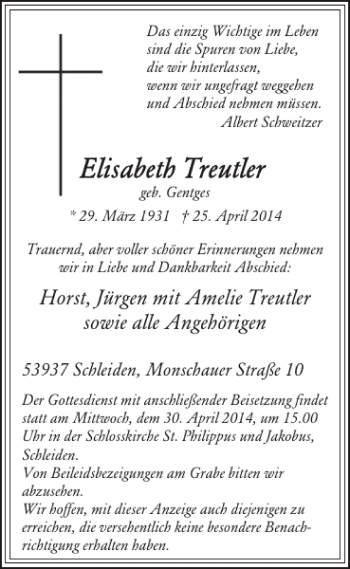 Traueranzeige von Horst Jürgen Amelie Treutler von WochenSpiegel