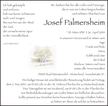 Traueranzeige von Josef Palmersheim von WochenSpiegel