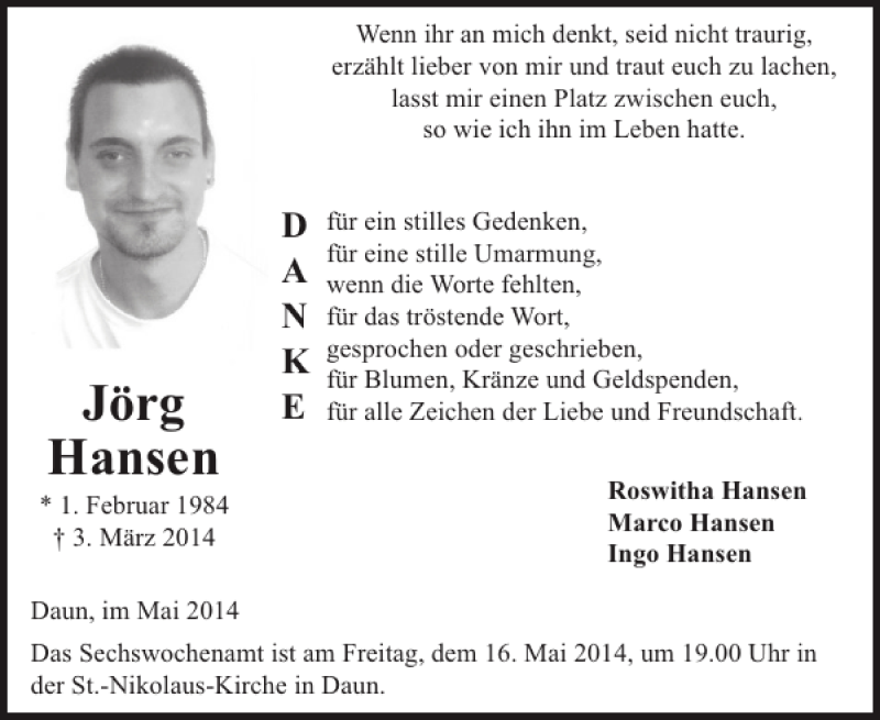  Traueranzeige für Jörg Hansen vom 30.04.2014 aus WochenSpiegel