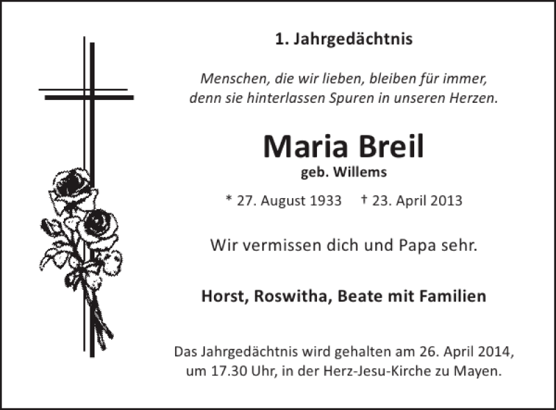 Traueranzeigen von Maria Breil WochenSpiegel Trauer