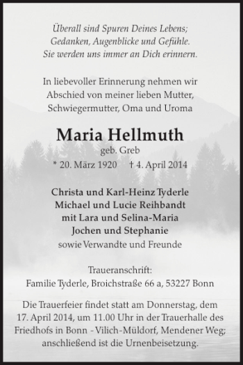 Traueranzeige von Maria Hellmuth von WochenSpiegel