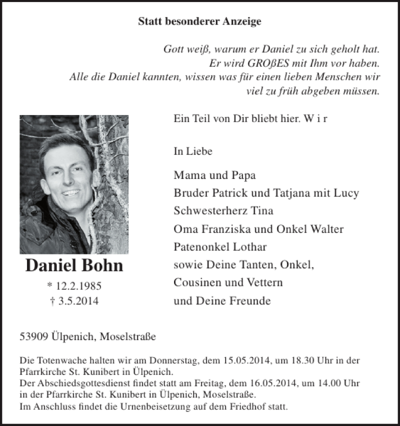  Traueranzeige für Daniel Bohn vom 14.05.2014 aus WochenSpiegel