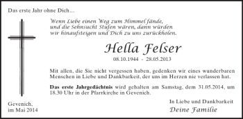 Traueranzeige von Hella Felser von WochenSpiegel