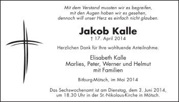 Traueranzeige von Jakob Kalle von WochenSpiegel