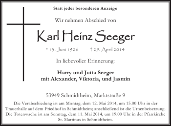 Traueranzeige von Karl Heinz Seeger von WochenSpiegel