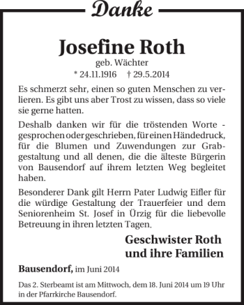 Traueranzeige von Josefine Roth von WochenSpiegel