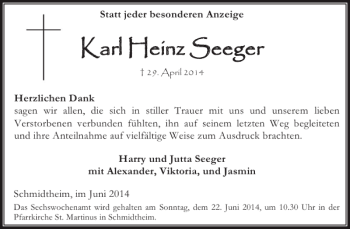 Traueranzeige von Karl Heinz Seeger von WochenSpiegel