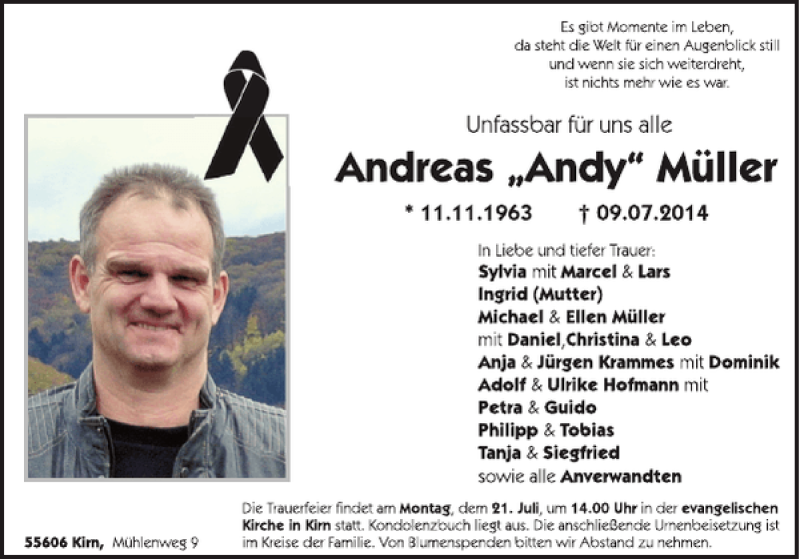  Traueranzeige für Andreas 'Andy' Müller vom 16.07.2014 aus WochenSpiegel