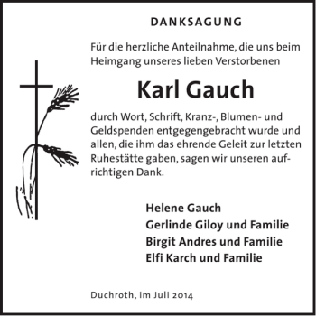 Traueranzeige von Karl Gauch von WochenSpiegel