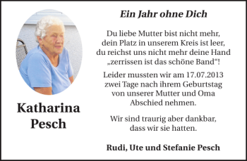 Traueranzeige von Katharina Pesch von WochenSpiegel