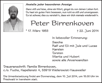 Traueranzeige von Peter Birrenkoven von WochenSpiegel