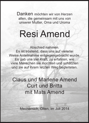 Traueranzeige von Resi Amend von WochenSpiegel