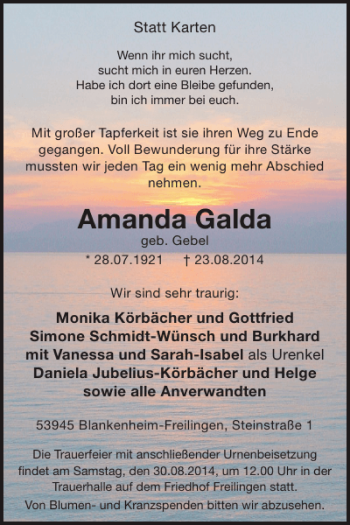 Traueranzeige von Amanda Galda von WochenSpiegel