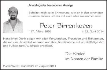 Traueranzeige von Peter Birrenkoven von WochenSpiegel