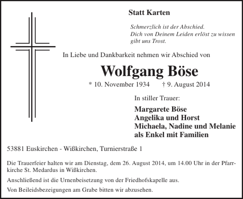  Traueranzeige für Wolfgang Böse vom 20.08.2014 aus WochenSpiegel
