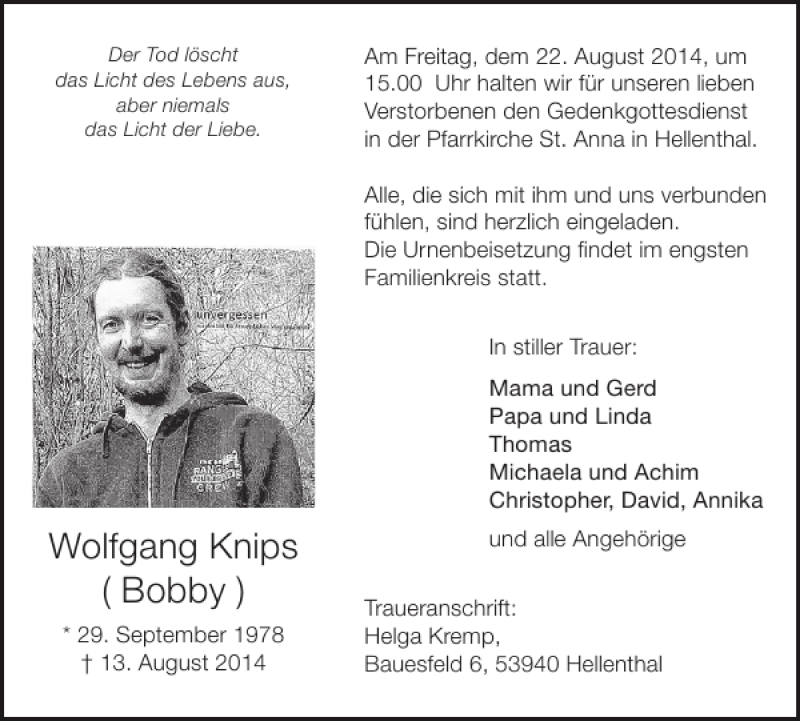  Traueranzeige für Wolfgang Knips Bobby vom 20.08.2014 aus WochenSpiegel