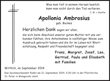 Traueranzeige von Apollonia Ambrosius von WochenSpiegel