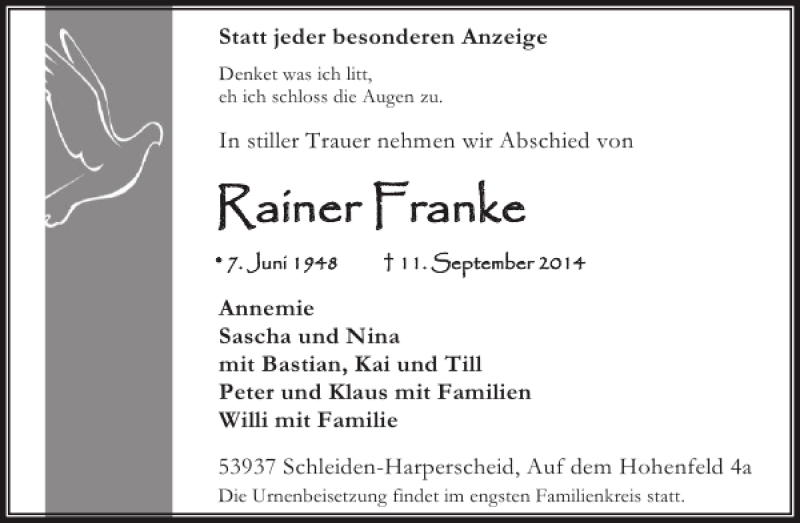  Traueranzeige für Rainer Franke vom 17.09.2014 aus WochenSpiegel