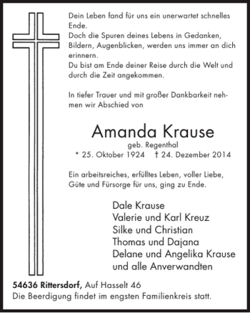 Traueranzeige von Amanda Krause von WochenSpiegel