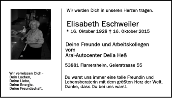 Traueranzeige von Elisabeth Eschweiler von WochenSpiegel