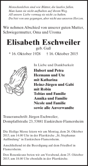 Traueranzeige von Elisabeth Eschweiler von WochenSpiegel