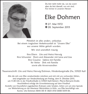 Traueranzeige von Elke Dohmen von WochenSpiegel