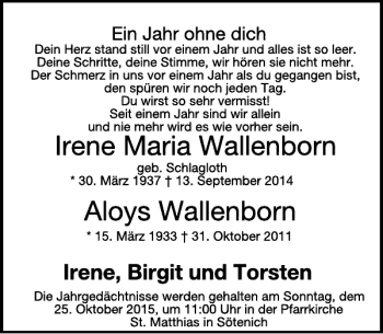 Traueranzeige von Irene Maria und Aloys Wallenborn von WochenSpiegel