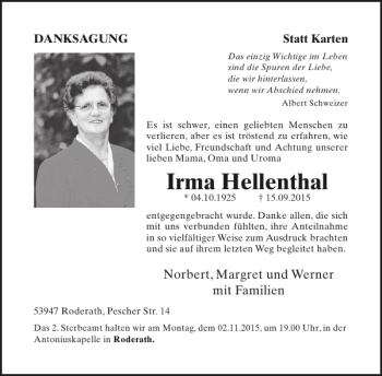 Traueranzeige von Irma Hellenthal von WochenSpiegel