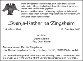 Traueranzeige von Svenja-Katharina Zingsheim von WochenSpiegel