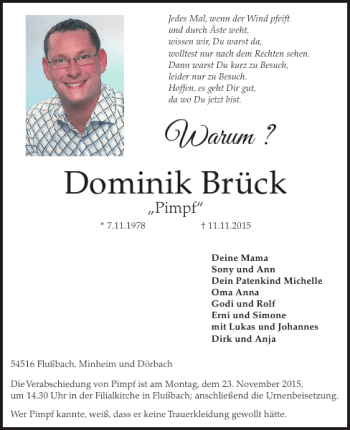 Traueranzeige von Dominik Brück von WochenSpiegel